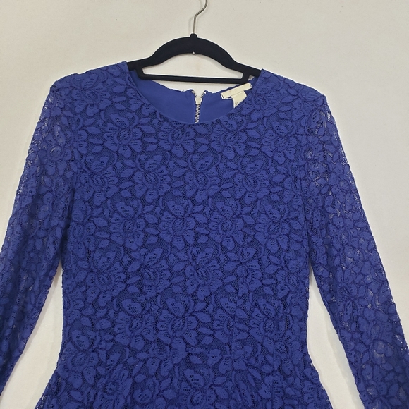 H&M Royal Skater Dress  blue lace overlay mini flowy long sleeved Fit & Flare - Picture 3 of 8
